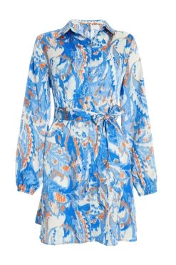 Blue Marble Print Shirt Mini Dress