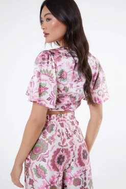 Pink Paisley Print Tie Front Crop Top 8 Pink Paisley Print Tie Front Crop Top -Women Clothing Sale 00100037375 XB scaled