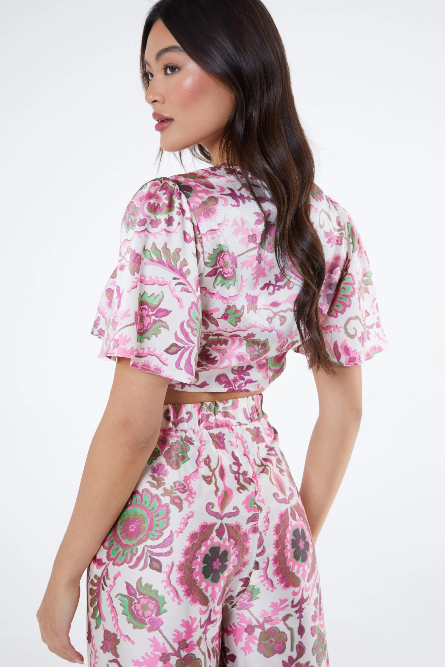 Pink Paisley Print Tie Front Crop Top 3 Pink Paisley Print Tie Front Crop Top - Image 3