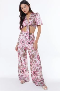 Pink Paisley Print Tie Front Crop Top 9 Pink Paisley Print Tie Front Crop Top -Women Clothing Sale 00100037375 XS