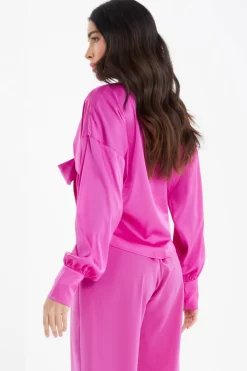 Pink Satin Tie Cropped Blouse -Women Clothing Sale 00100037376 XB scaled