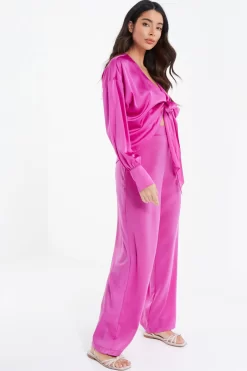 Pink Satin Tie Cropped Blouse -Women Clothing Sale 00100037376 XS scaled