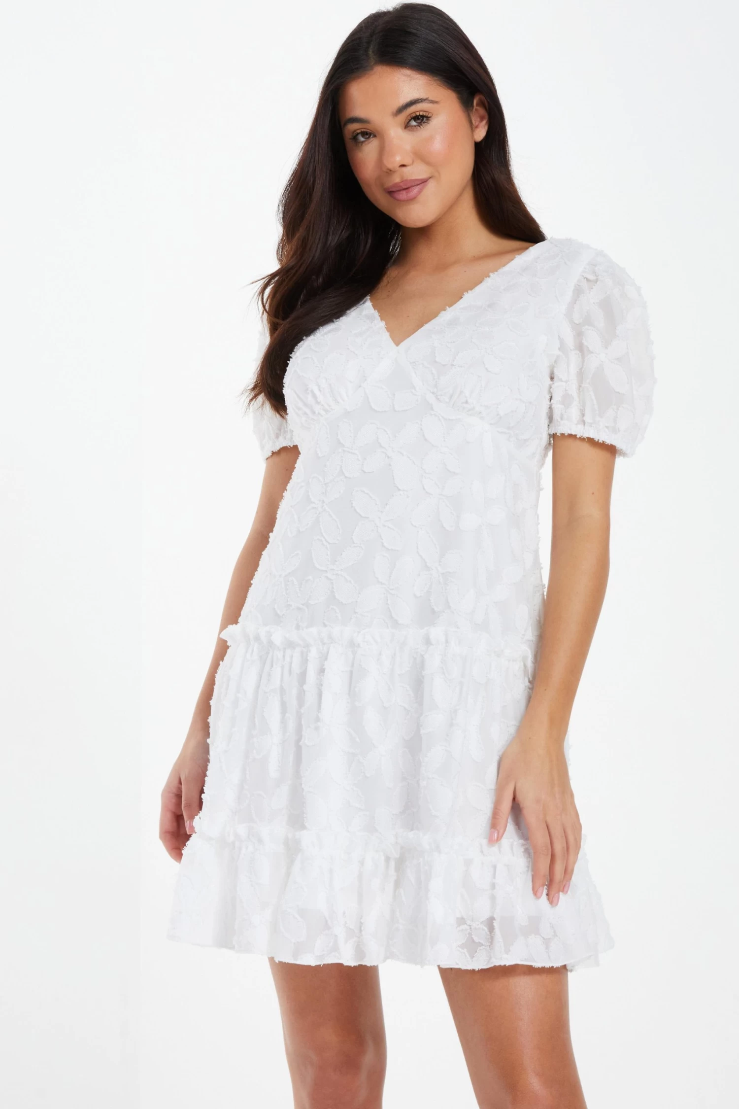 White Chiffon Floral Smock Mini Dress 2 White Chiffon Floral Smock Mini Dress - Image 2