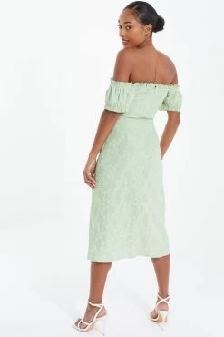 Sage Green Jacquard Bardot Midi Dress -Women Clothing Sale 00100037420 XB