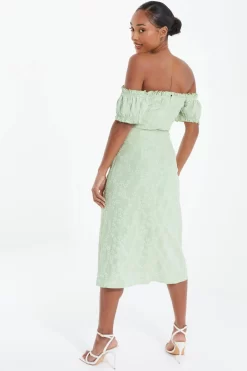 Sage Green Jacquard Bardot Midi Dress -Women Clothing Sale 00100037420 XB scaled