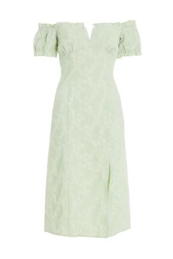 Sage Green Jacquard Bardot Midi Dress