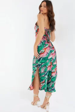 Green Satin Marble Print Tie Back Midi Dress -Women Clothing Sale 00100037433 XB scaled