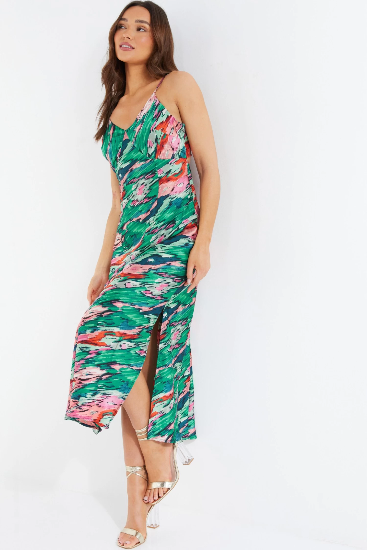 Green Satin Marble Print Tie Back Midi Dress 2 Green Satin Marble Print Tie Back Midi Dress - Image 2