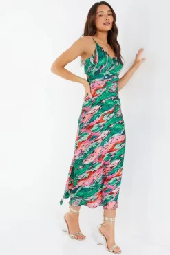 Green Satin Marble Print Tie Back Midi Dress -Women Clothing Sale 00100037433 XS scaled