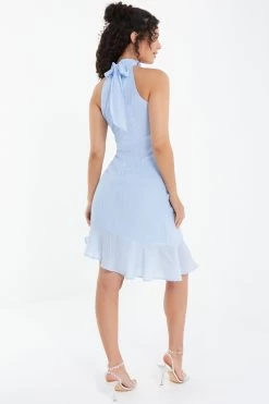 Blue Chiffon High Neck Mini Dress -Women Clothing Sale 00100037457 XB