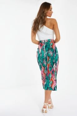 Green Satin Marble Print Ruched Midi Skirt -Women Clothing Sale 00100037460 XB
