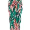 Green Satin Marble Print Ruched Midi Skirt