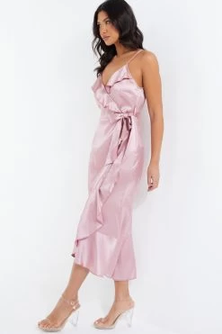Pink Satin Wrap Frill Midi Dress -Women Clothing Sale 00100037468 XS