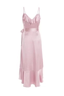 Pink Satin Wrap Frill Midi Dress -Women Clothing Sale 00100037468 ZB scaled