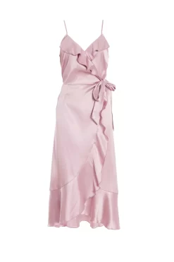 Pink Satin Wrap Frill Midi Dress