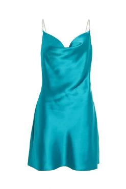 Aqua Blue Diamante Satin Mini Dress