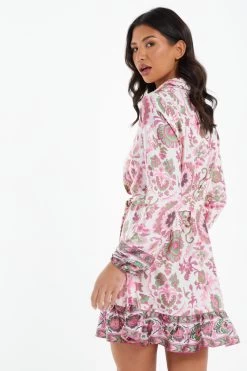 Pink Satin Paisley Print Mini Shirt Dress -Women Clothing Sale 00100037473 XB