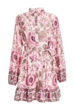 Pink Satin Paisley Print Mini Shirt Dress