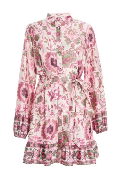 Pink Satin Paisley Print Mini Shirt Dress