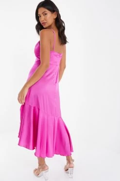 Hot Pink Satin Asymmetric Midi Dress -Women Clothing Sale 00100037474 XB