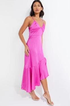 Hot Pink Satin Asymmetric Midi Dress -Women Clothing Sale 00100037474 XS
