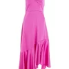 Hot Pink Satin Asymmetric Midi Dress