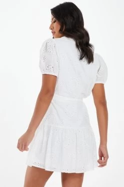 White Embroidered Mini Shirt Dress 8 White Embroidered Mini Shirt Dress -Women Clothing Sale 00100037476 XB