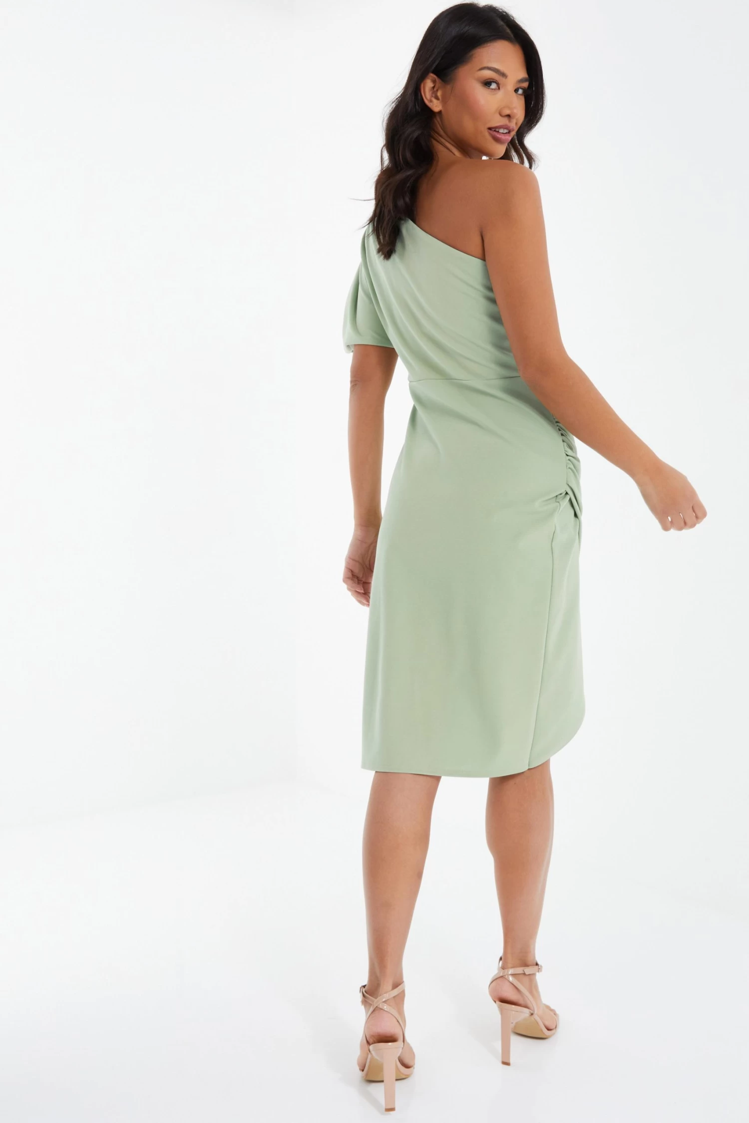 Sage Green One Shoulder Ruched Midi Dress 3 Sage Green One Shoulder Ruched Midi Dress - Image 3