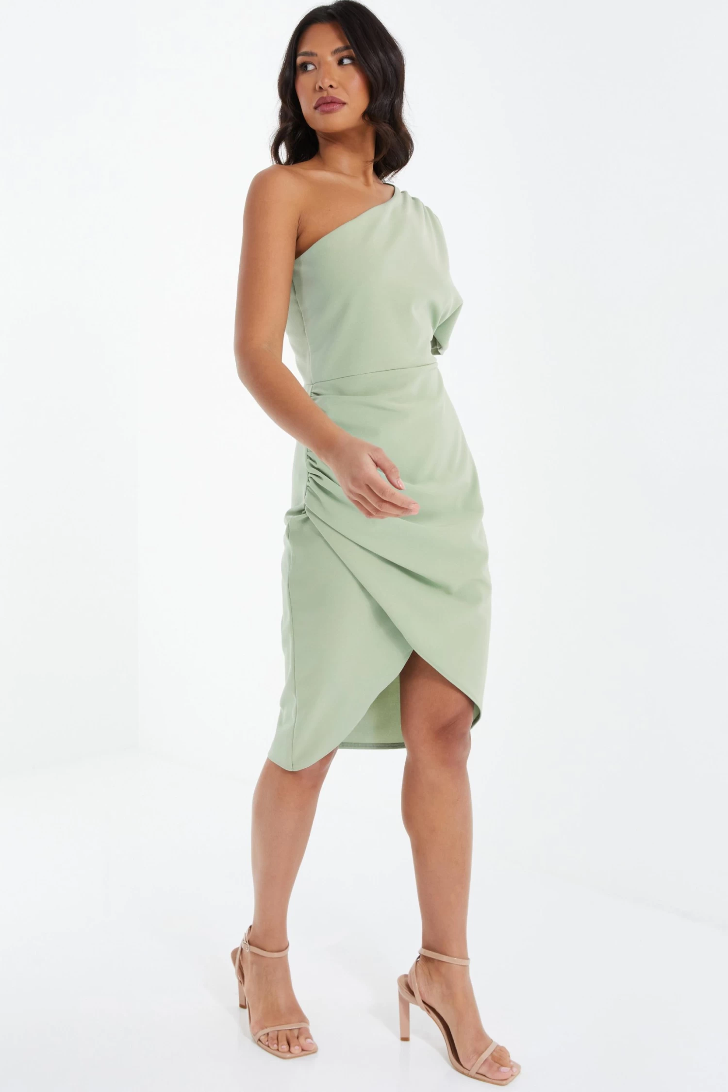 Sage Green One Shoulder Ruched Midi Dress 4 Sage Green One Shoulder Ruched Midi Dress - Image 4