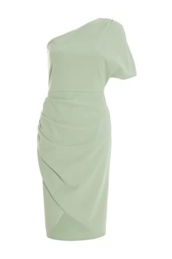 Sage Green One Shoulder Ruched Midi Dress