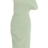 Sage Green One Shoulder Ruched Midi Dress
