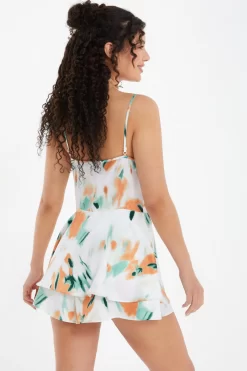 Cream Satin Smudge Print Playsuit -Women Clothing Sale 00100037481 XB scaled