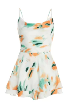 Cream Satin Smudge Print Playsuit