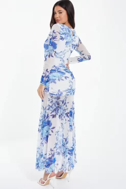 Blue Floral Mesh Maxi Dress -Women Clothing Sale 00100037489 XB scaled
