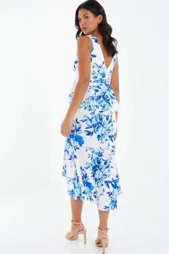 Blue Floral Dip Hem Frill Midi Dress 8 Blue Floral Dip Hem Frill Midi Dress -Women Clothing Sale 00100037491 XB