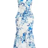 Blue Floral Dip Hem Frill Midi Dress