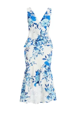 Blue Floral Dip Hem Frill Midi Dress