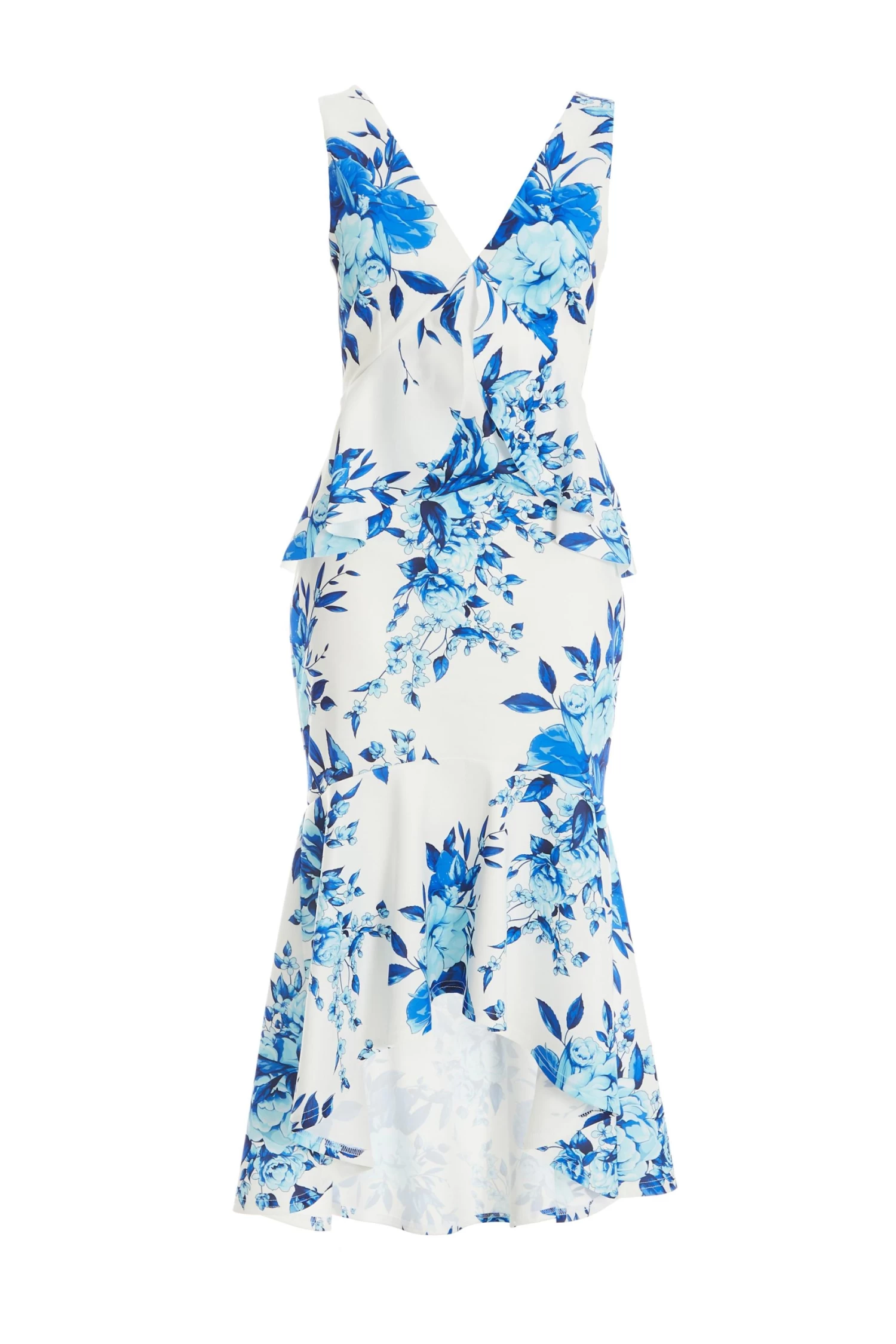 Blue Floral Dip Hem Frill Midi Dress 1 Blue Floral Dip Hem Frill Midi Dress