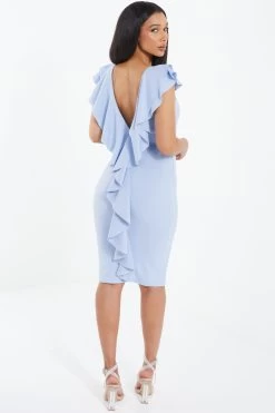Light Blue Frill Bodycon Midi Dress -Women Clothing Sale 00100037495 XB