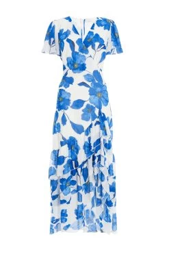 Blue Chiffon Floral Wrap Midaxi Dress