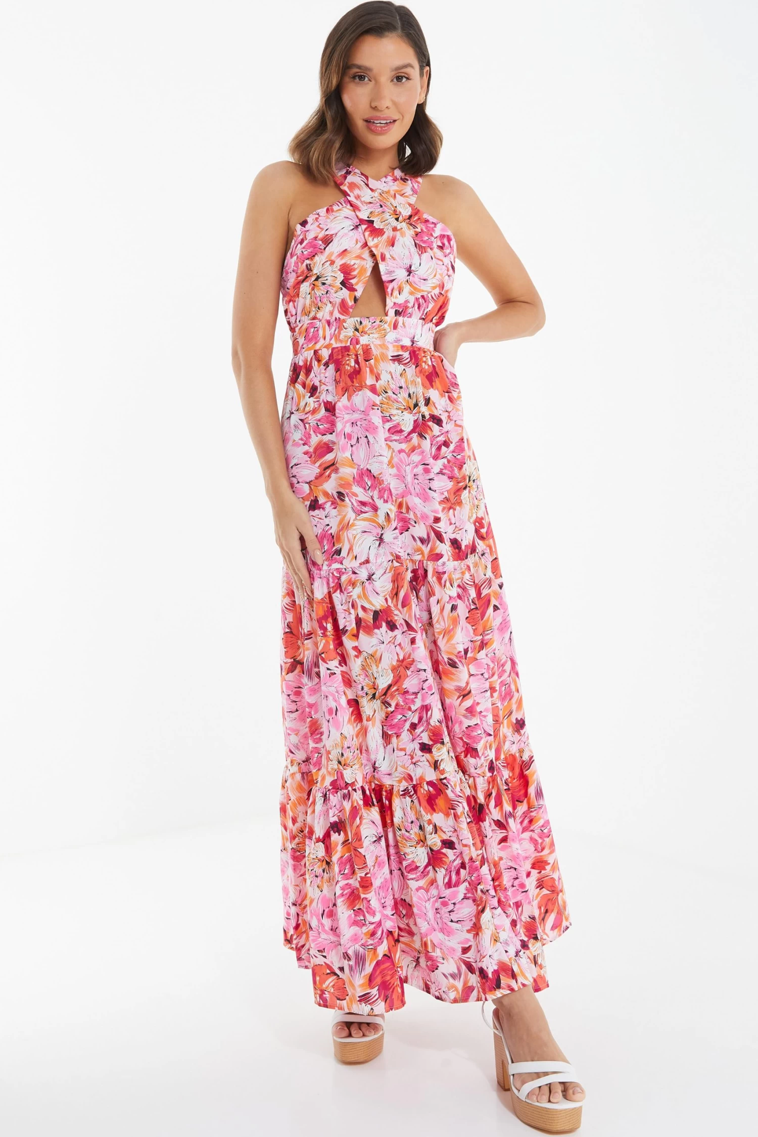 Pink Floral Cross Front Maxi Dress 2 Pink Floral Cross Front Maxi Dress - Image 2