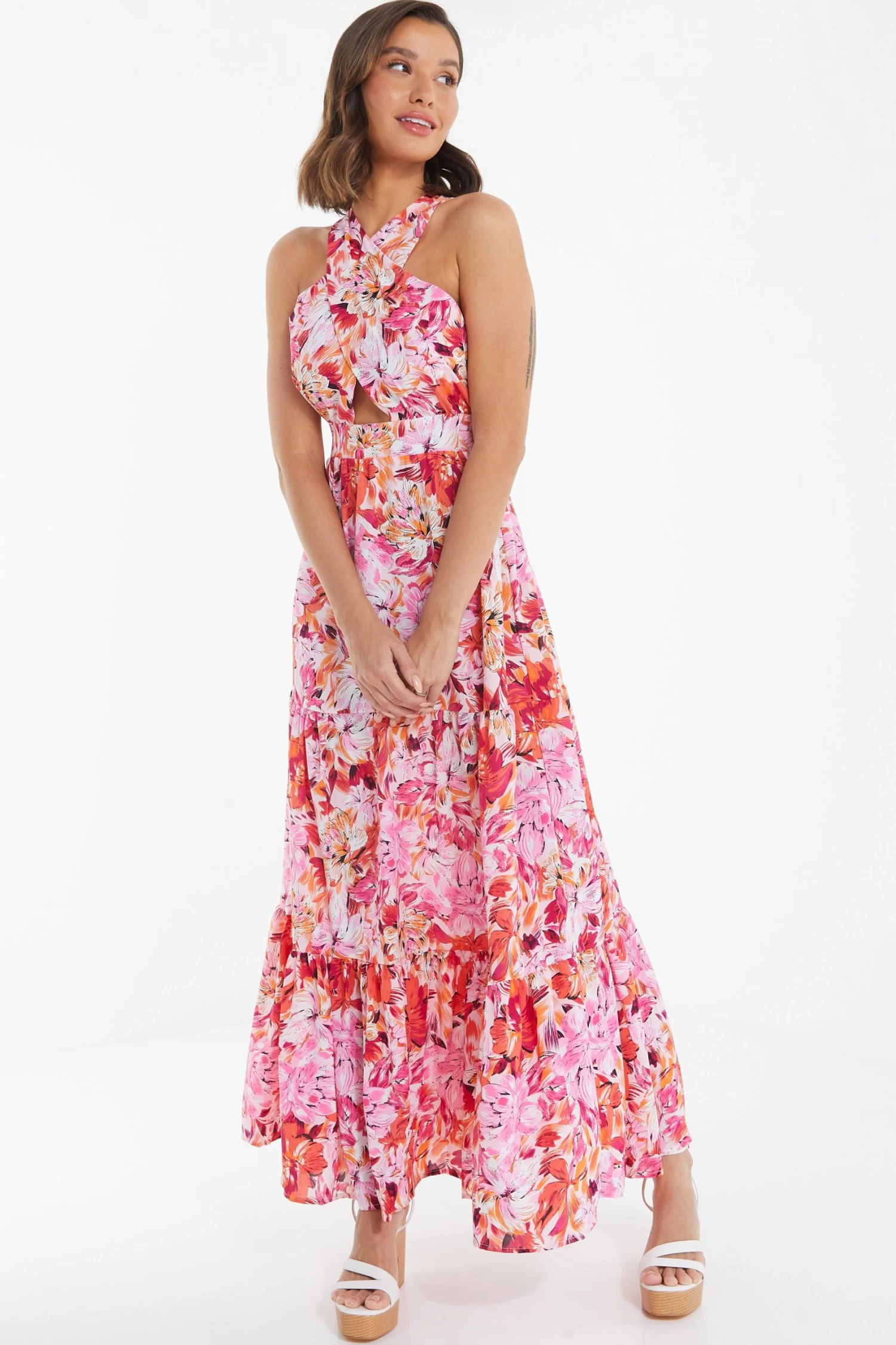 Pink Floral Cross Front Maxi Dress 4 Pink Floral Cross Front Maxi Dress - Image 4