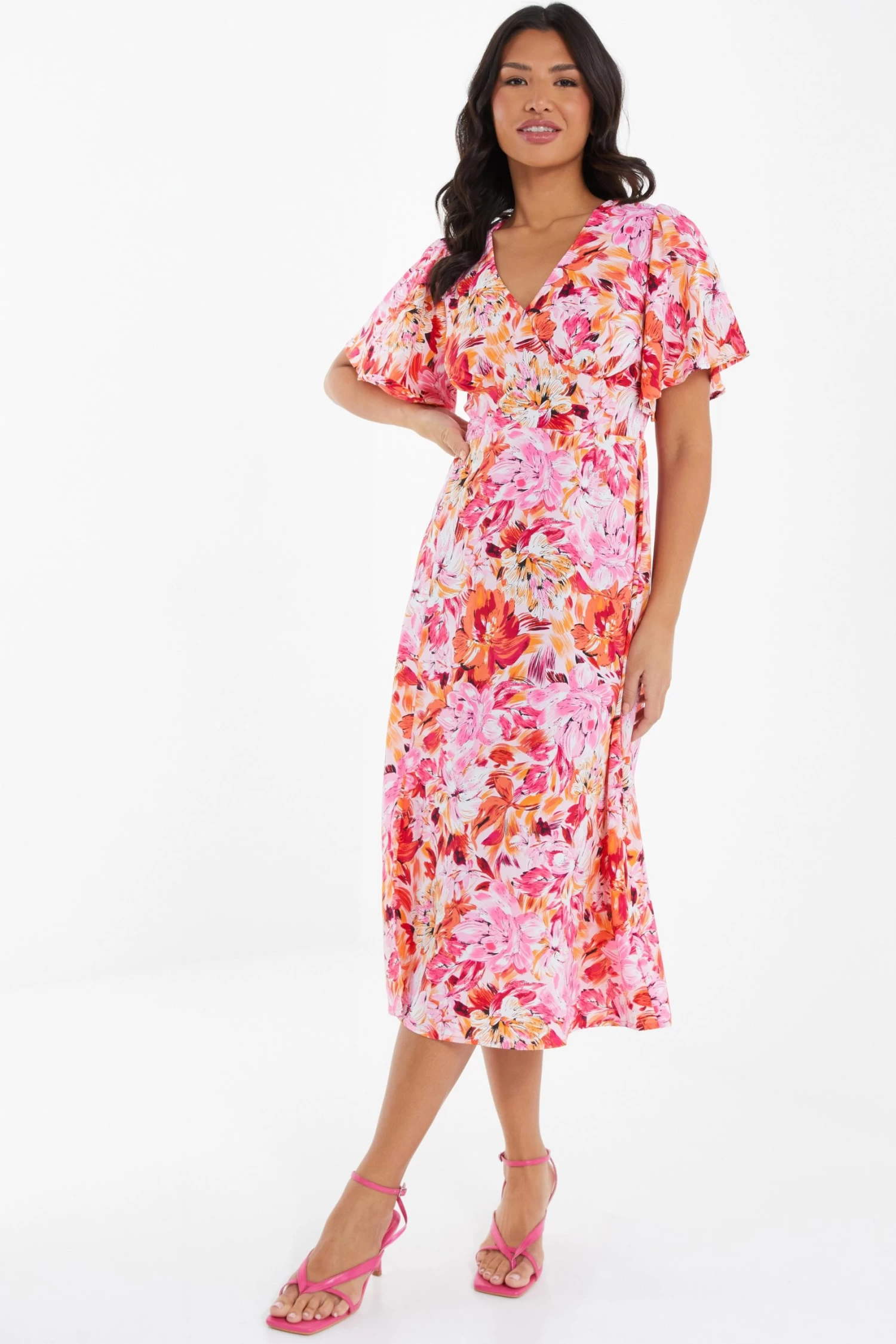 Pink Floral Wrap Midi Dress 2 Pink Floral Wrap Midi Dress - Image 2