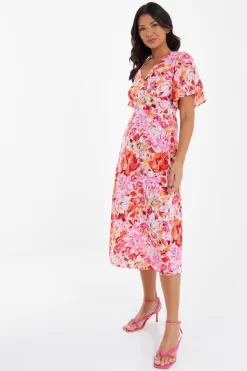 Pink Floral Wrap Midi Dress -Women Clothing Sale 00100037502 XS scaled