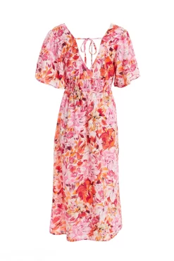 Pink Floral Wrap Midi Dress -Women Clothing Sale 00100037502 ZB scaled