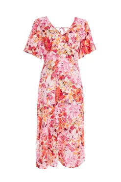 Pink Floral Wrap Midi Dress