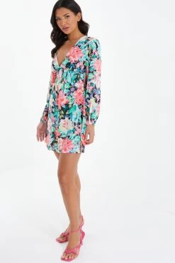 Multicolored Floral Skater Dress -Women Clothing Sale 00100037503 XS
