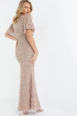 Taupe Sequin Batwing Maxi Dress -Women Clothing Sale 00100037505 XB scaled