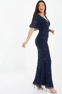 Navy Sequin Batwing Maxi Dress -Women Clothing Sale 00100037506 XS