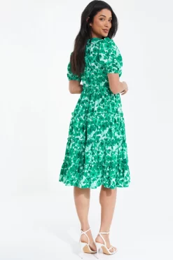 Green Floral Puff Sleeve Midi Dress -Women Clothing Sale 00100037561 XB scaled
